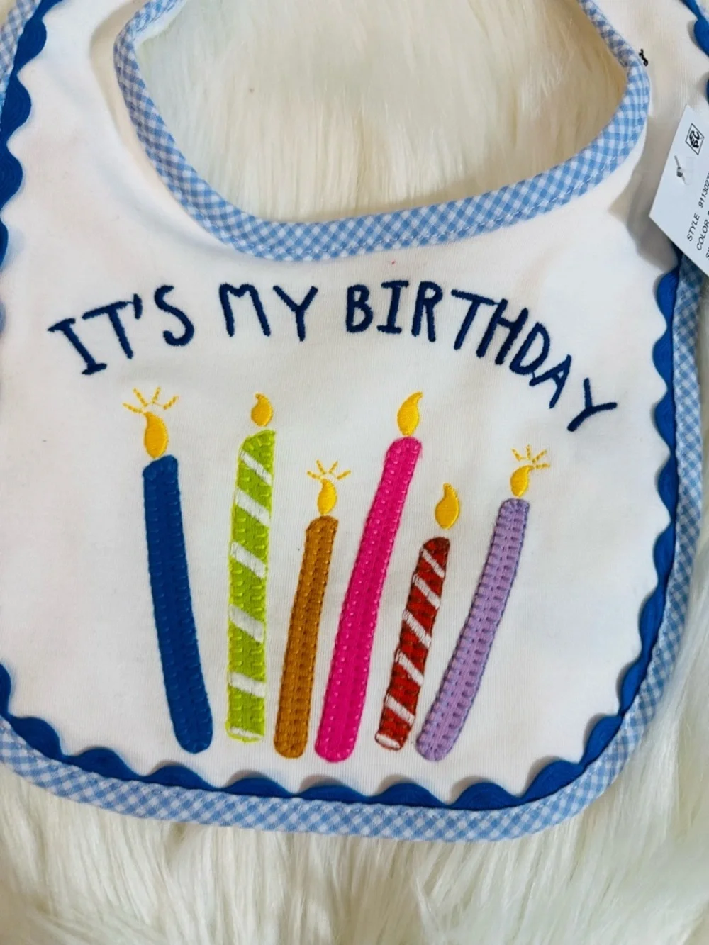 Mud Pie White Baby Bib with Blue Gingham Trim
